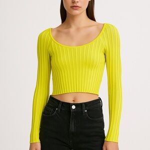 Moussy Studiowear Neon Yellow Ribbed Crop Top size Small